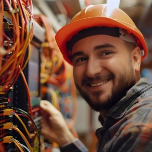 The image depicts a smiling hardworking electrician surrounded by electrical wires tools and equipment in an industrial setting The man wearing a safety helmet appears content and focused as he